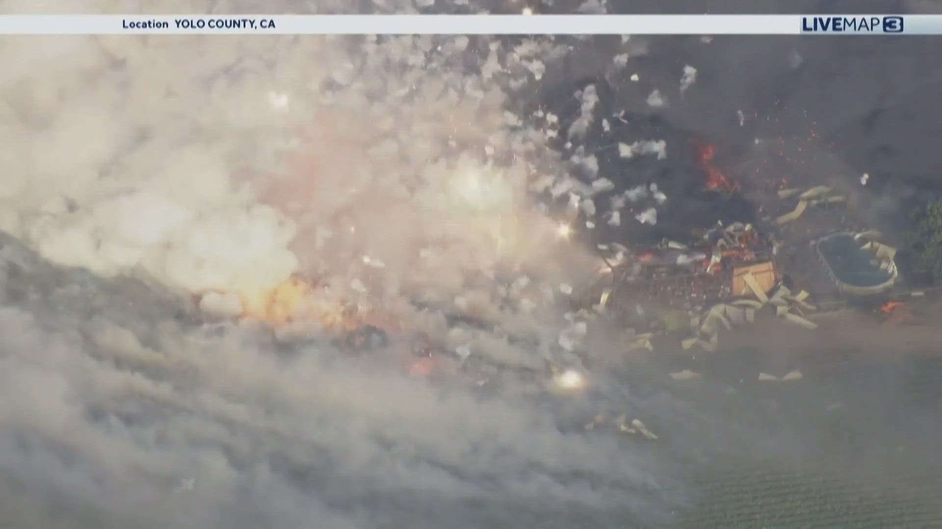 Large pieces of shrapnel exploded from the warehouse, presenting an ongoing risk for first responders. 